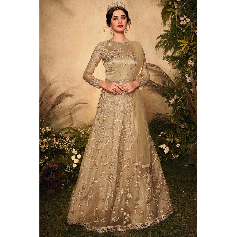 Beige Resham Embroidered Net Anarkali Suit