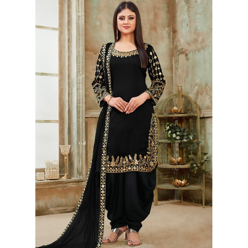 Black Art Silk Mirror Work Patiala Suit