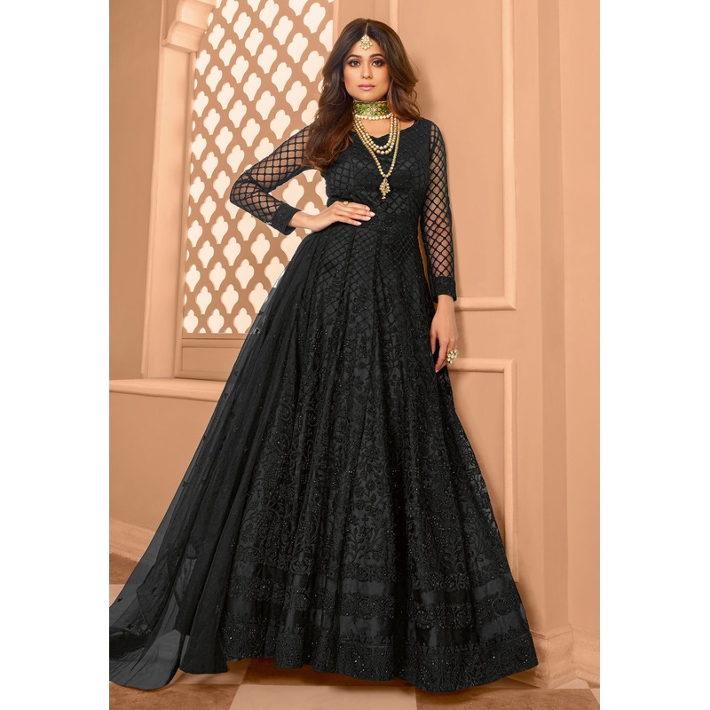 Black Shamita Shetty Net Wedding Anarkali Suit