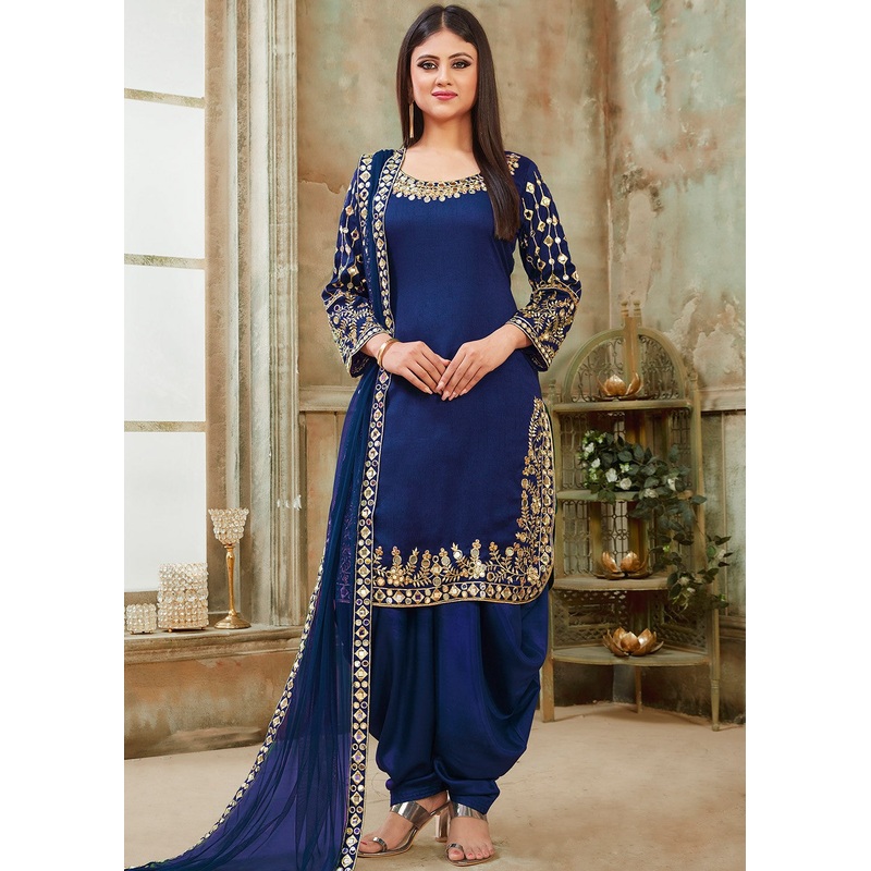 Blue Art Silk Mirror Work Patiala Suit