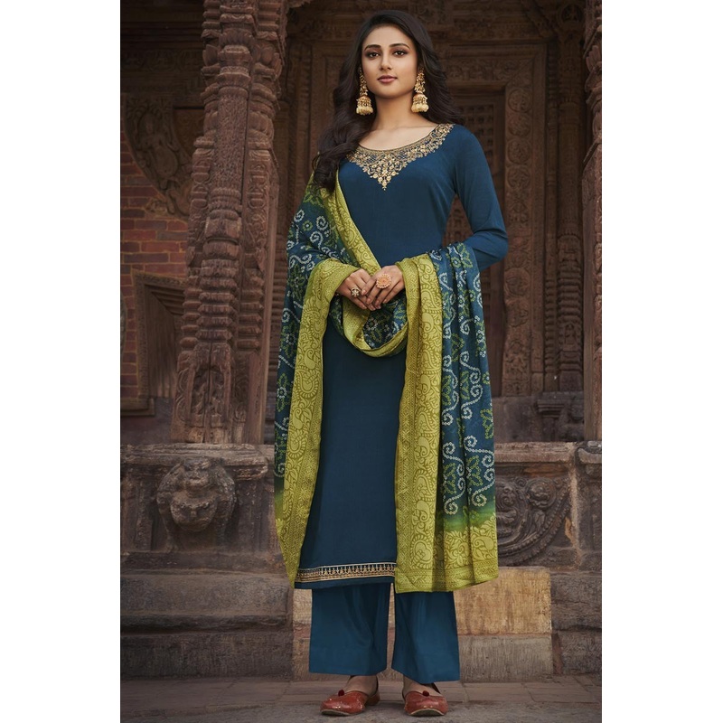 Blue Chiffon Embroidered Festive Palazzo Suit