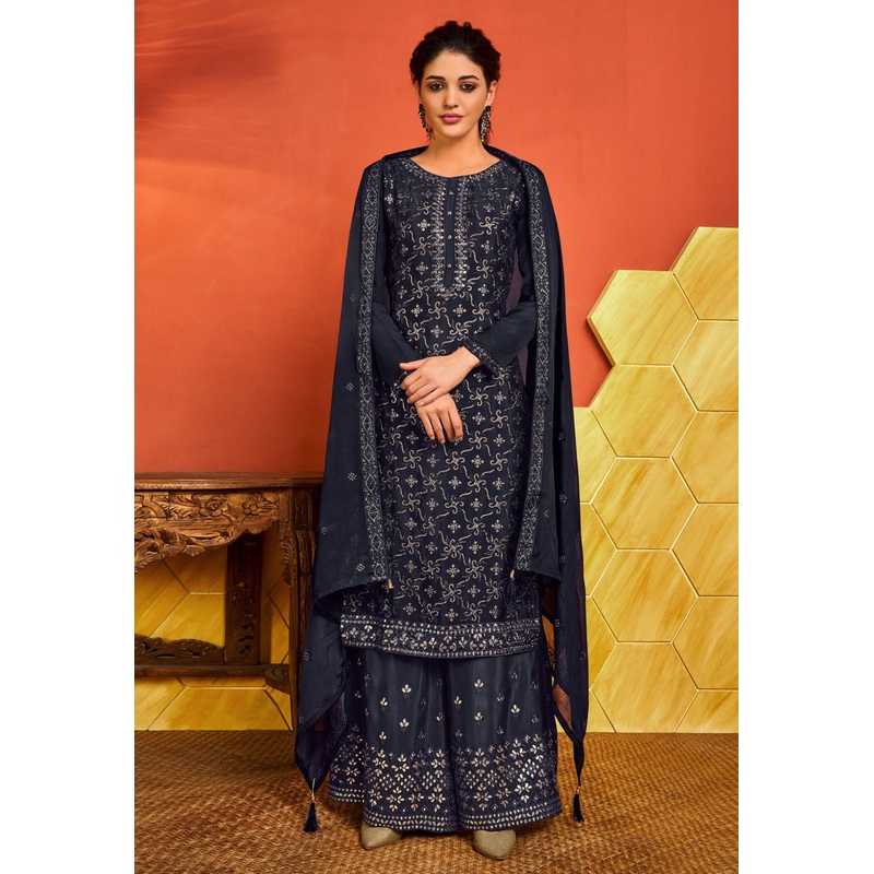 Blue Chinnon Sequins Embroidered Palazzo Suit