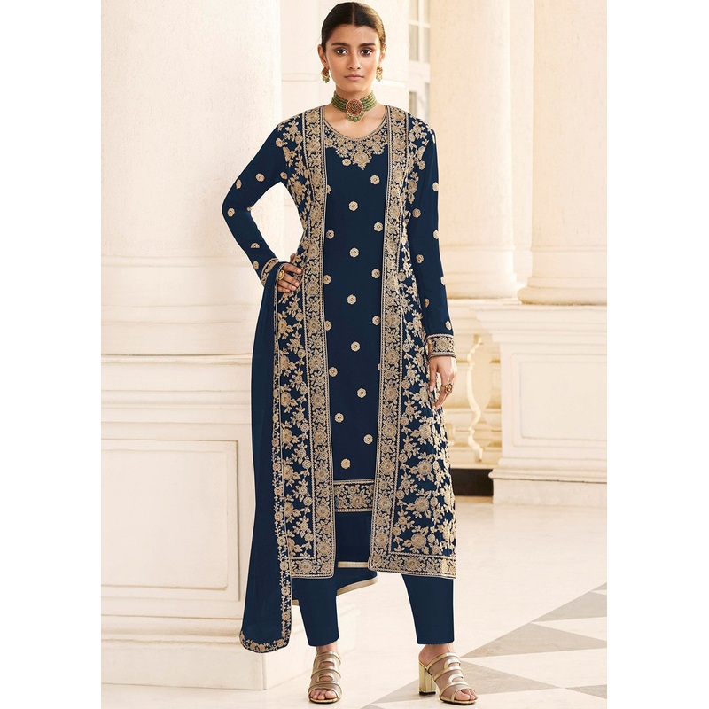 Blue Designer Georgette Embroidered Jacket Style Suit