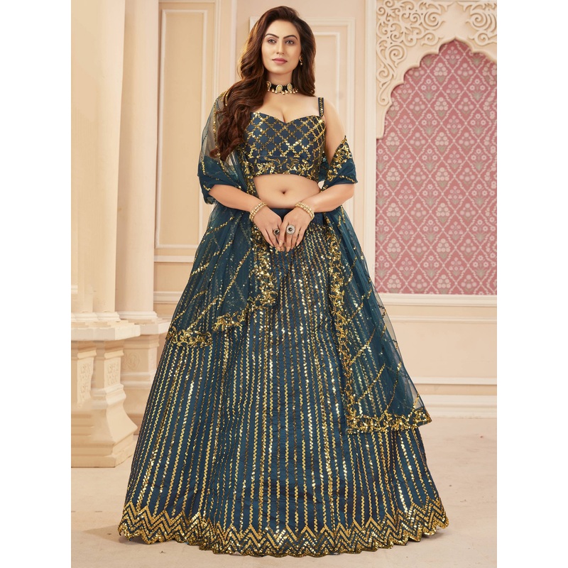 Blue & Golden Sequins Embroidered Wedding Lehenga Choli