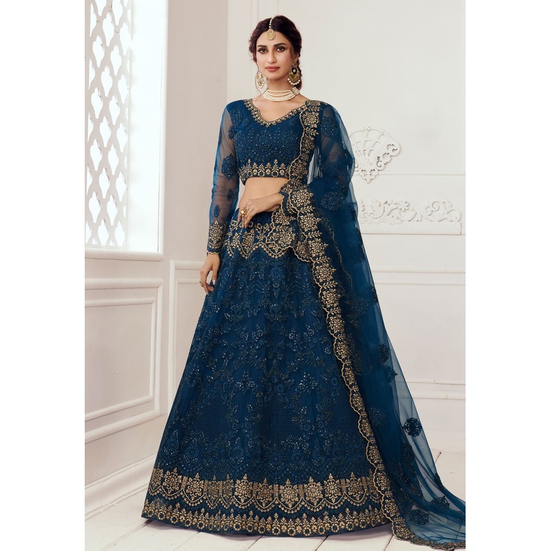 Blue Net Embroidered Wedding Lehenga Choli