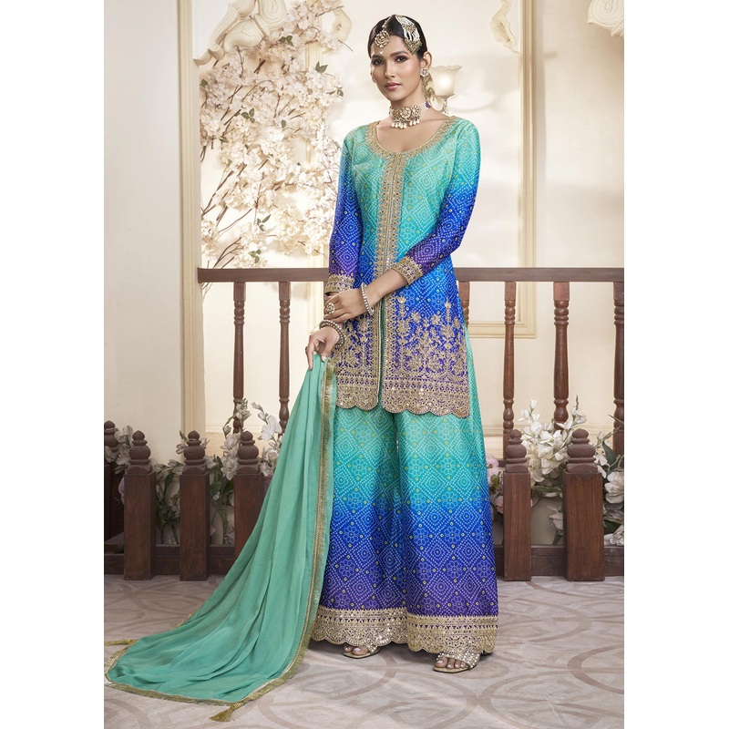 Blue Ombre Pure Chinnon Wedding Festive Palazzo Suit