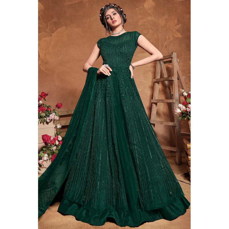 Bottle Green Net Embroidered Floor Length Anarkali Suit