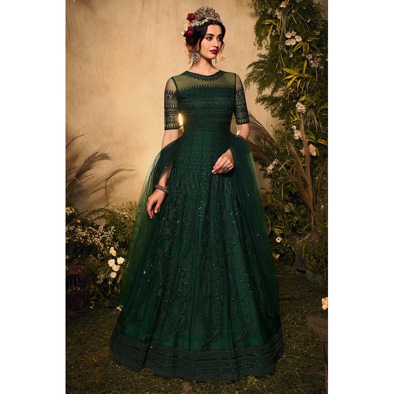 Bottle Green Resham Embroidered Net Anarkali Suit