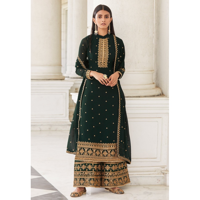 Bottle Green Zari Embroidered Flared Palazzo Suit