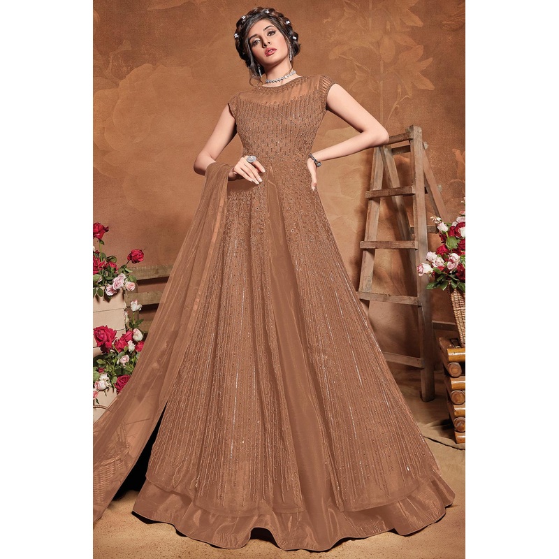 Bridesmaid Brown Net Embroidered Floor Length Anarkali Suit