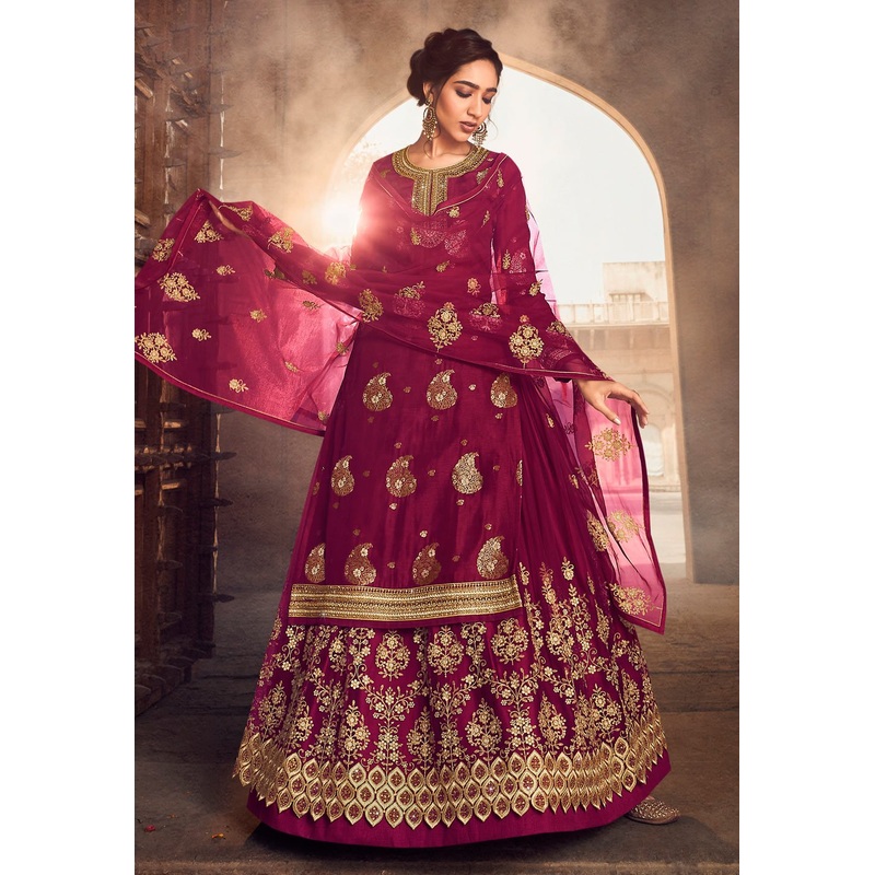 Bright Pink Zari Embroidered Lehenga Style Suit