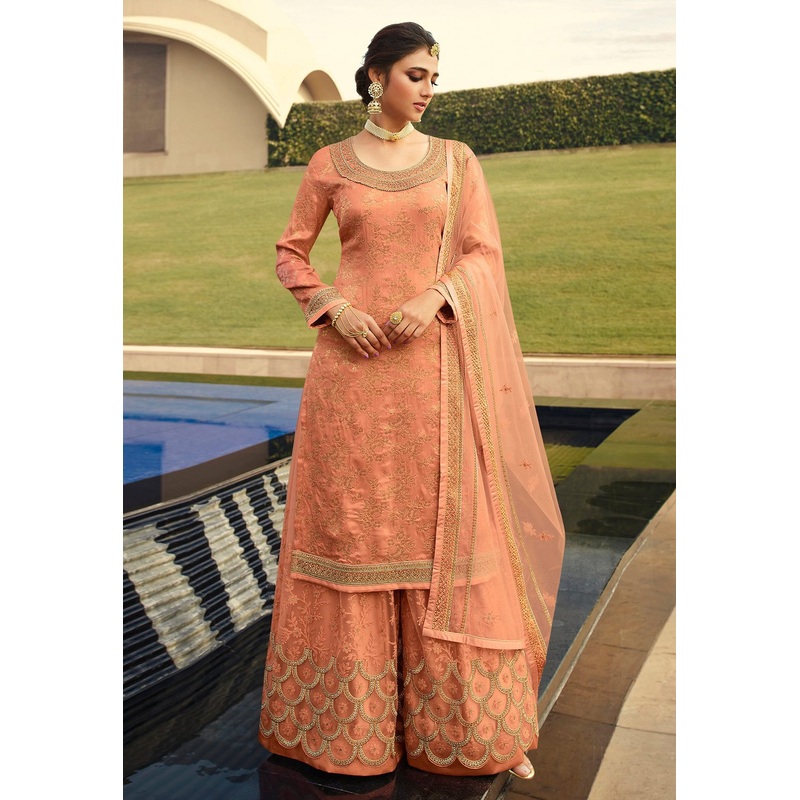 Brilliant Peach Jacquard Silk Embroidered Palazzo Suit