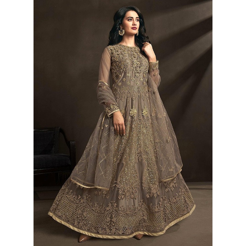 Brownish Beige Detailed Embroidered Designer Anarkali Suit