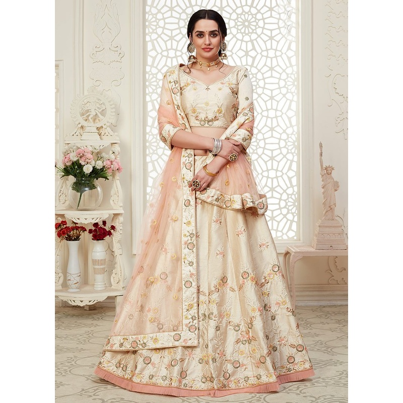 Cream Frilled Embroidered Art Silk Lehenga Choli