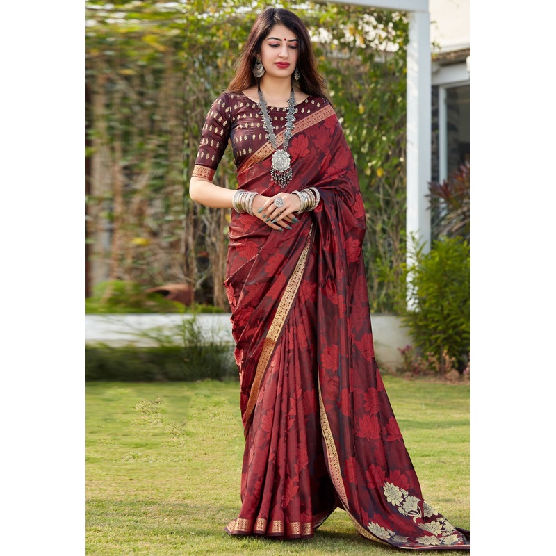 Currant Red Banarasi Woven Silk Traditional Saree
