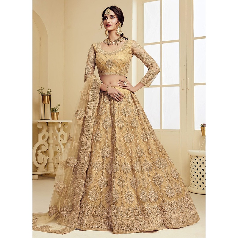 Dark Beige Pearl Embroidered Wedding Lehenga Choli