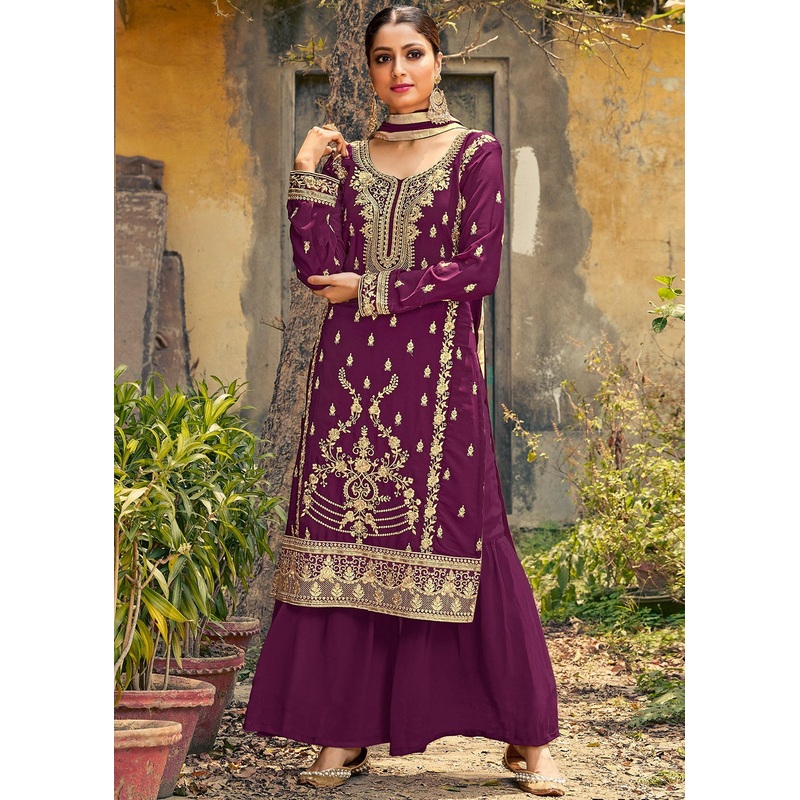 Dark Purple Designer Georgette Palazzo Suit