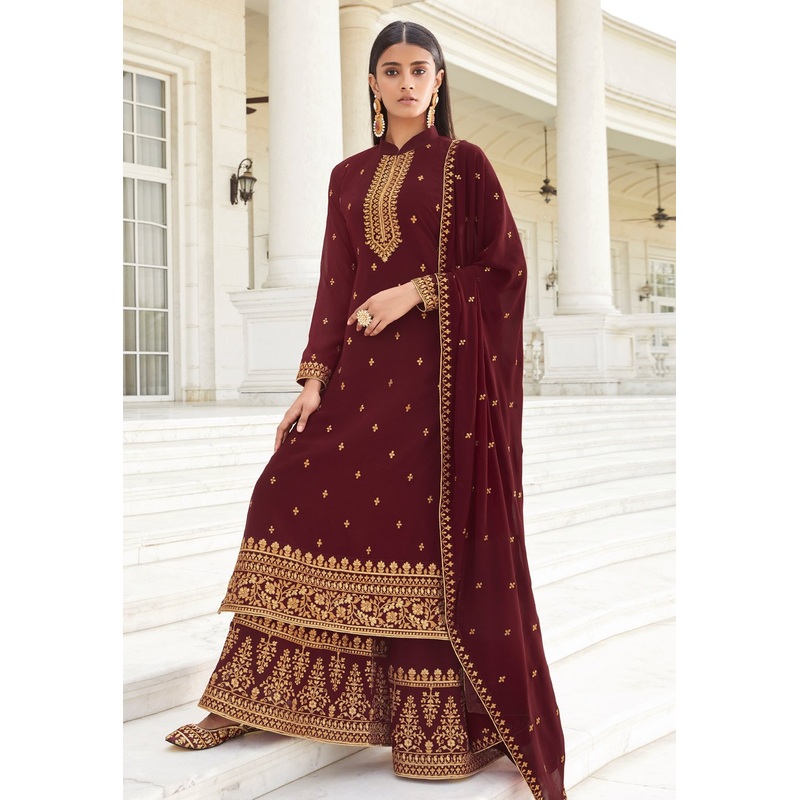 Dazzling Maroon Zari Embroidered Flared Palazzo Suit