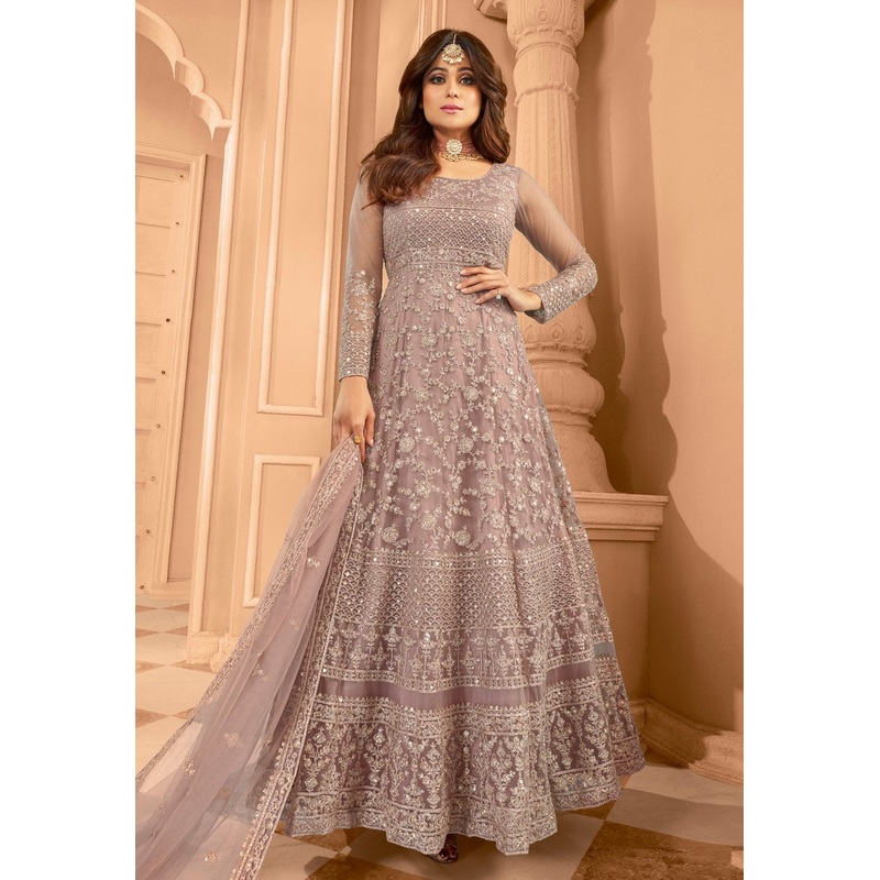 Dusky Mauve Shamita Shetty Net Wedding Anarkali Suit