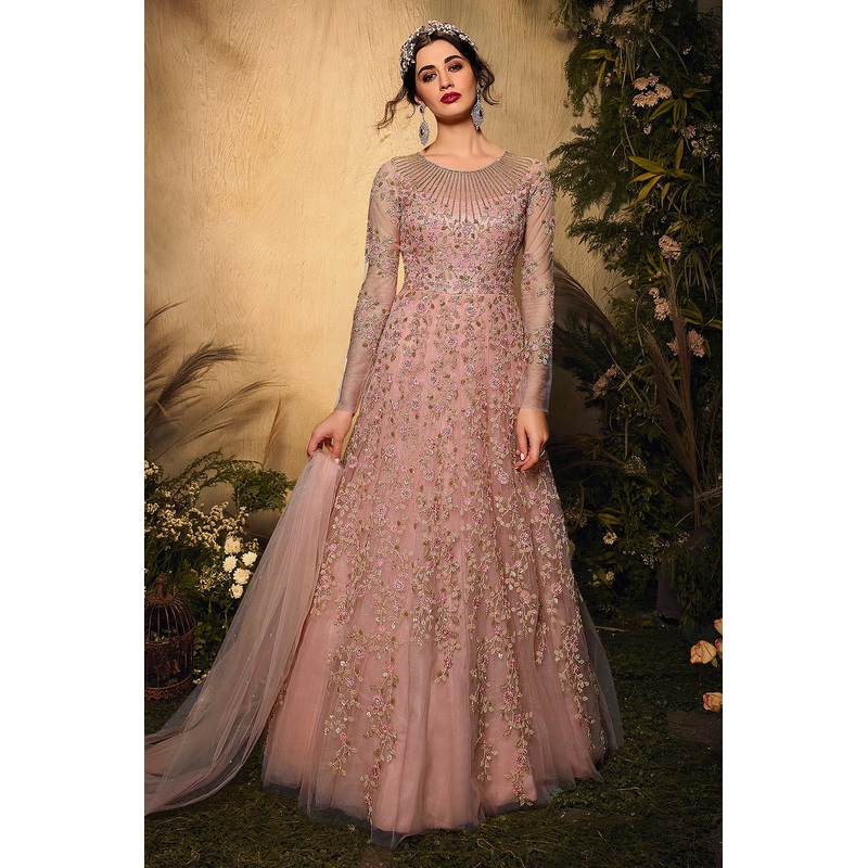 Dusky Pink Floral Embroidered Net Anarkali Suit