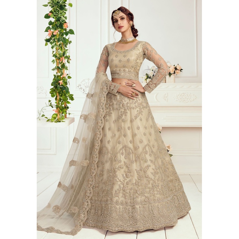 Ecru Beige Net Embroidered Wedding Lehenga Choli