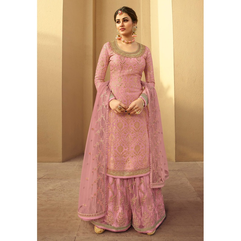 Engrossing Pink Jacquard Silk Embroidered Palazzo Suit
