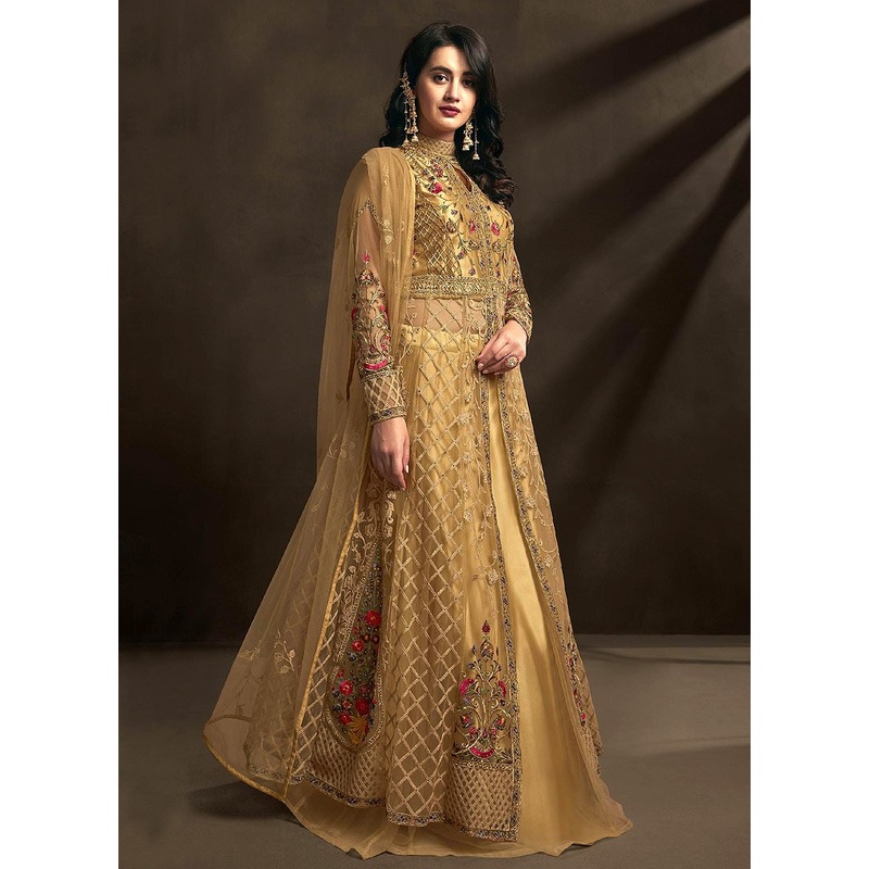 Fetching Golden Detailed Embroidered Designer Anarkali Suit