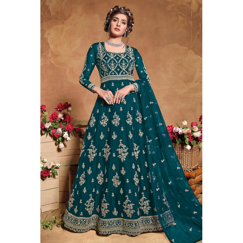 Forest Green Net Embroidered Floor Length Anarkali Suit