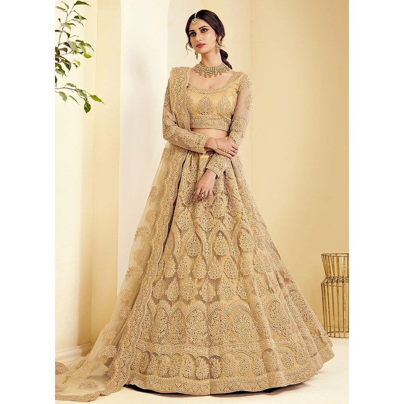 Golden Beige Pearl Embroidered Wedding Lehenga Choli