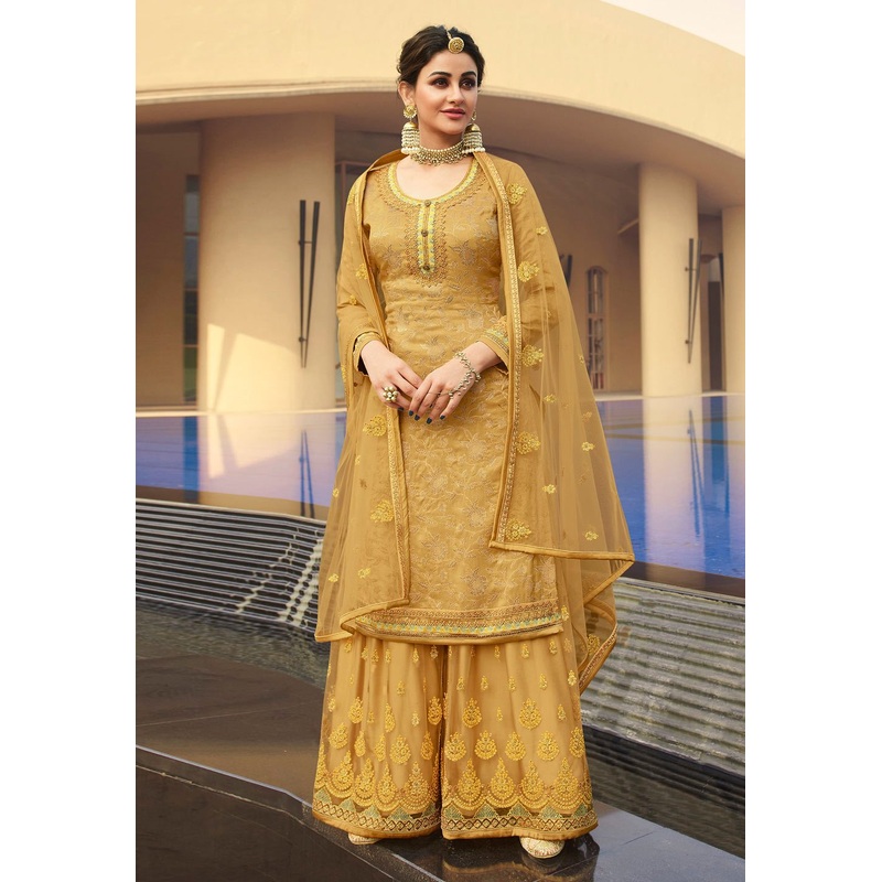 Golden Yellow Jacquard Silk Embroidered Palazzo Suit