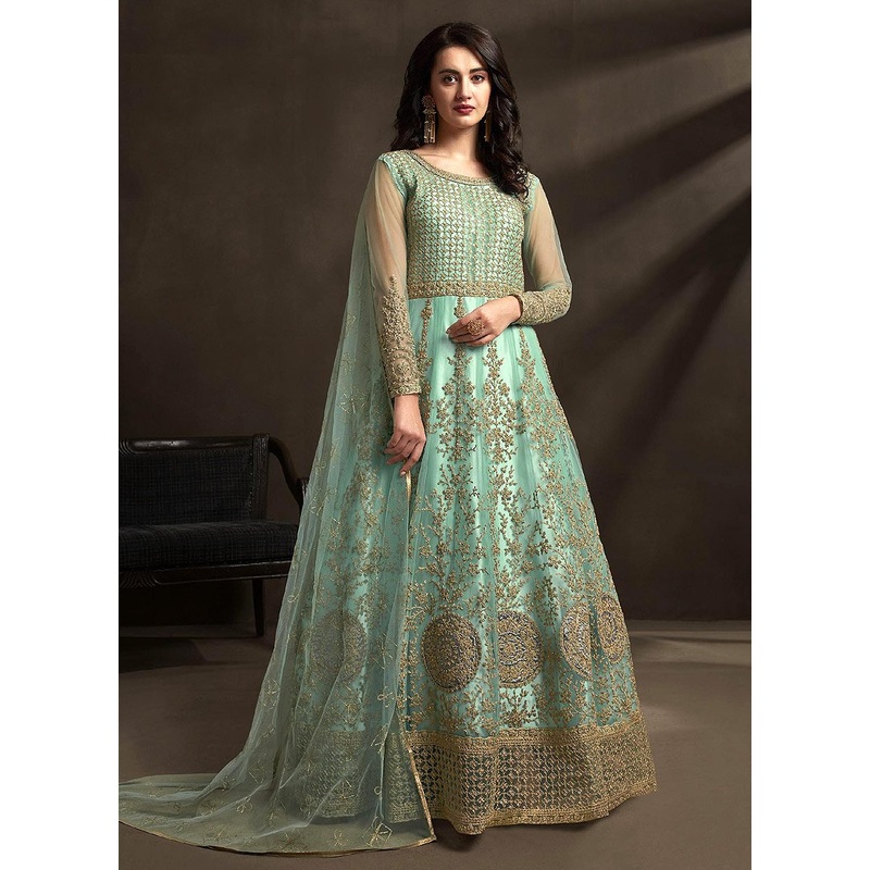 Gorgeous Teal Detailed Embroidered Designer Anarkali Suit