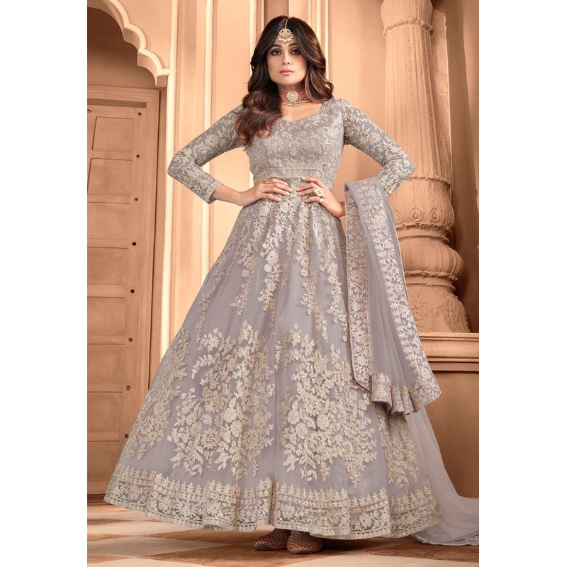 Graceful Grey Shamita Shetty Net Floor Length Anarkali Suit