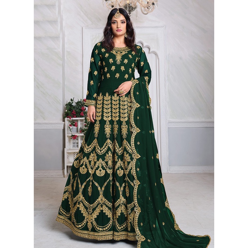 Green Abaya Style Embroidered Anarkali Suit