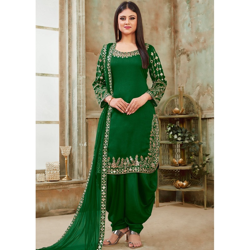 Green Art Silk Mirror Work Patiala Suit
