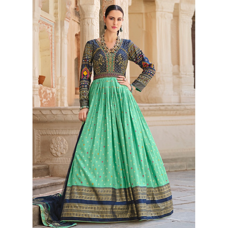 Green & Blue Silk Foil Printed & Embroidered Traditional Gown