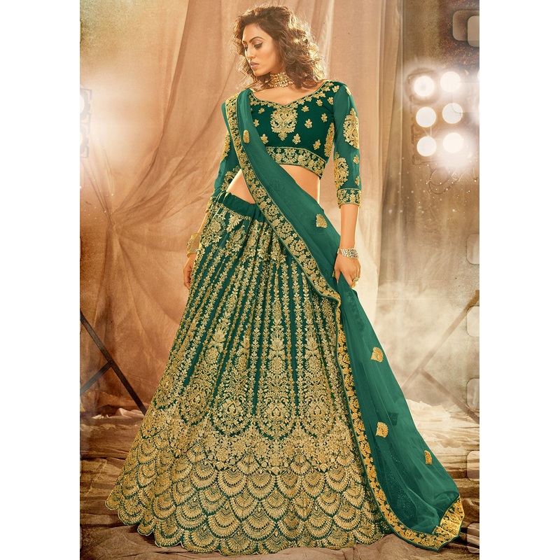 Green Bridal Embroidered Net Lehenga Choli