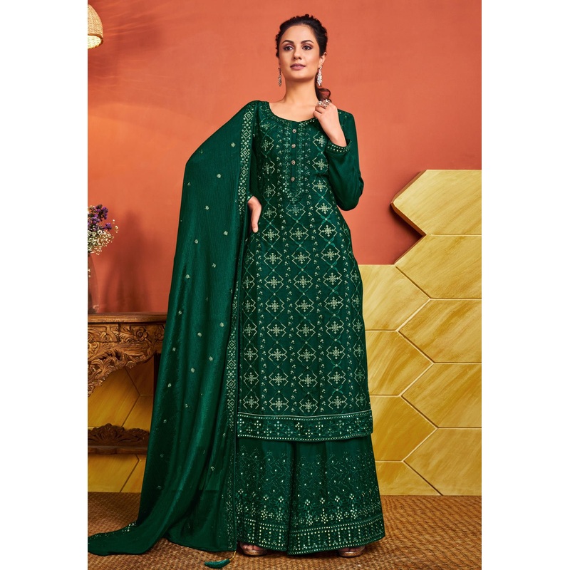 Green Chinnon Sequins Embroidered Palazzo Suit
