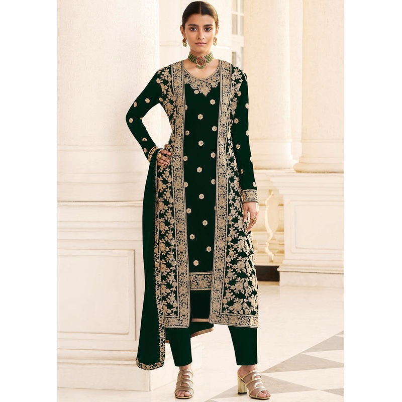 Green Designer Georgette Embroidered Jacket Style Suit