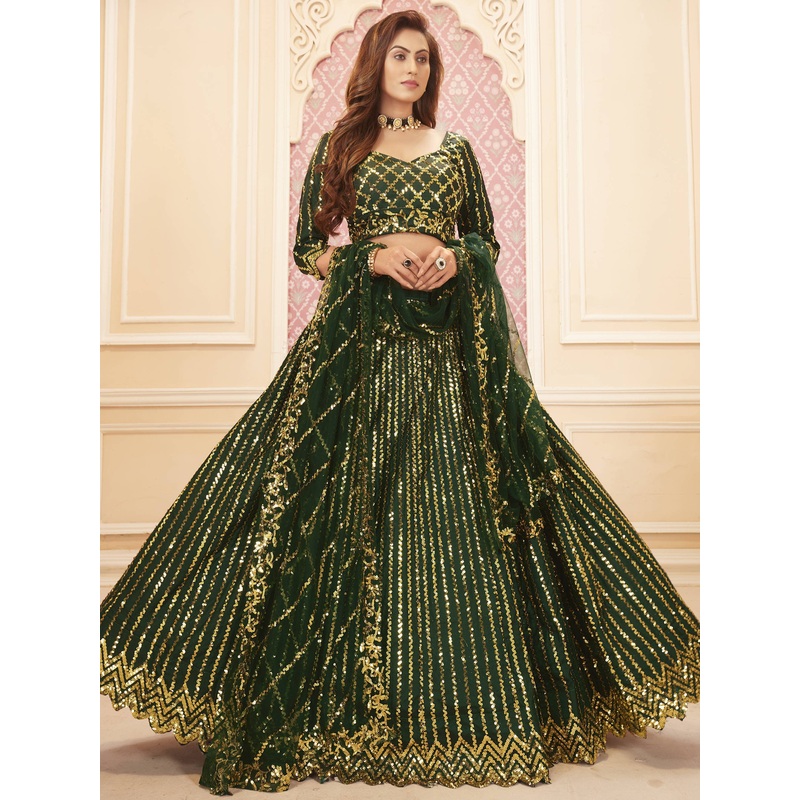 Green & Golden Sequins Embroidered Wedding Lehenga Choli