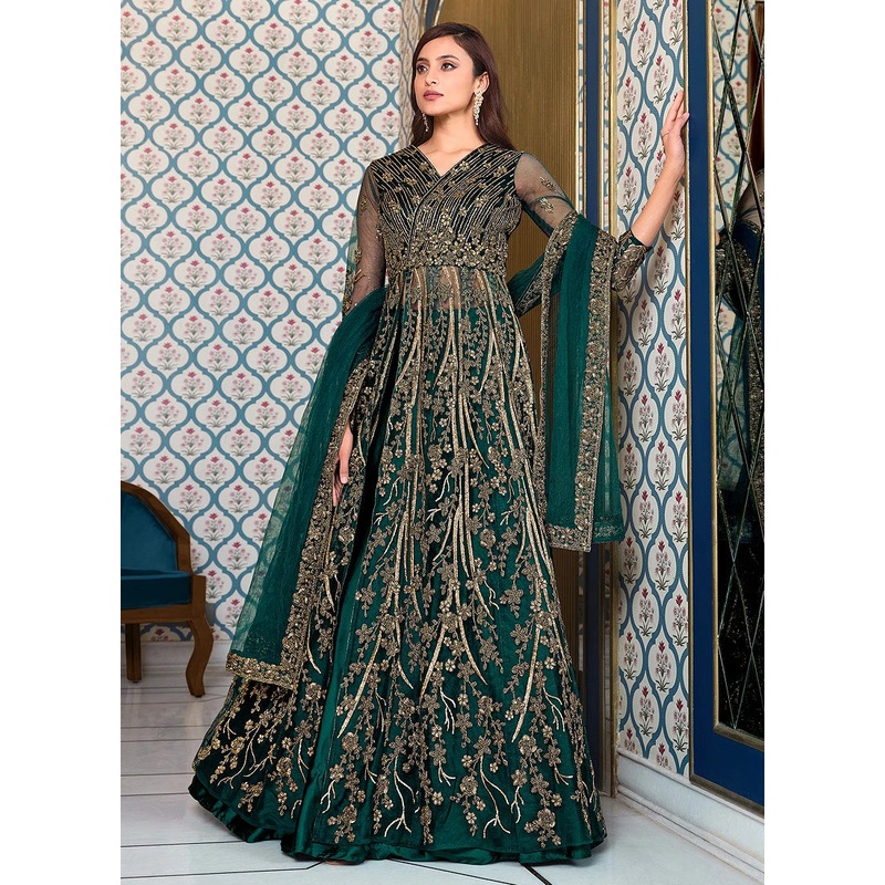 Green Lehenga Style Sequins Embroidered Anarkali Suit