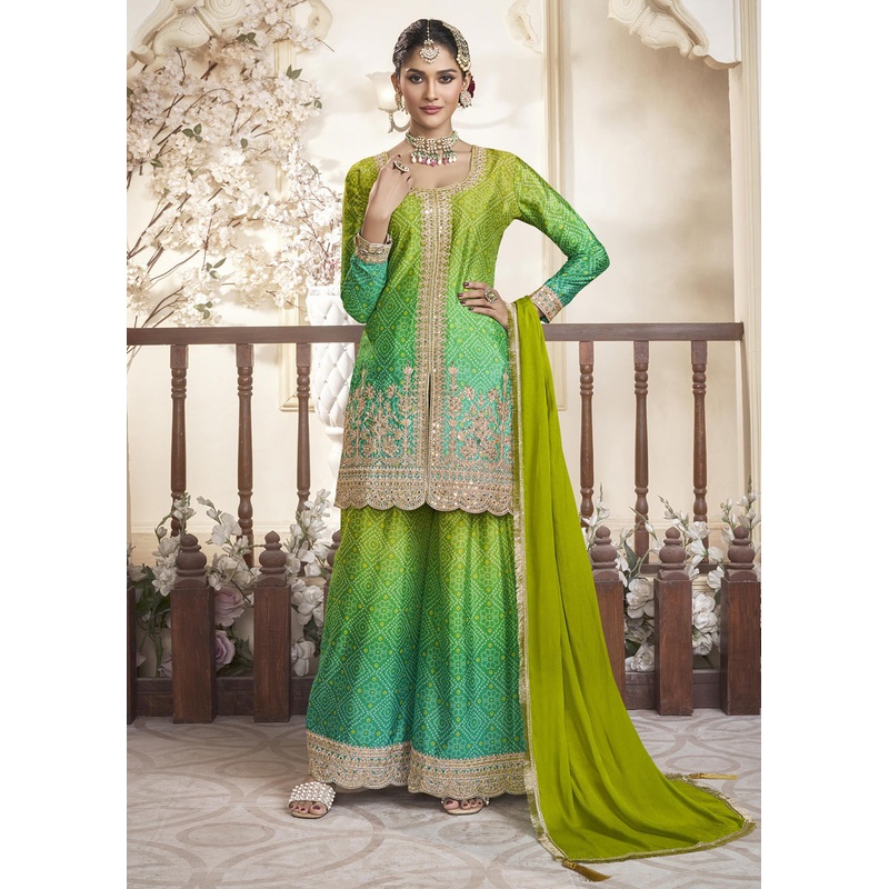 Green Ombre Pure Chinnon Wedding Festive Palazzo Suit