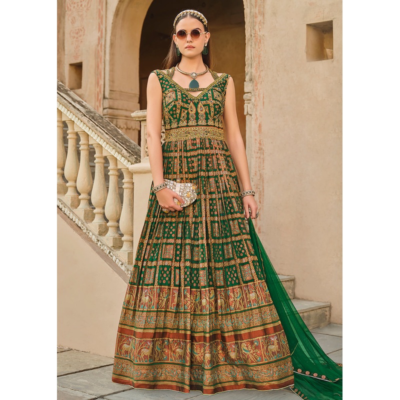 Green Silk Foil Printed & Embroidered Traditional Gown