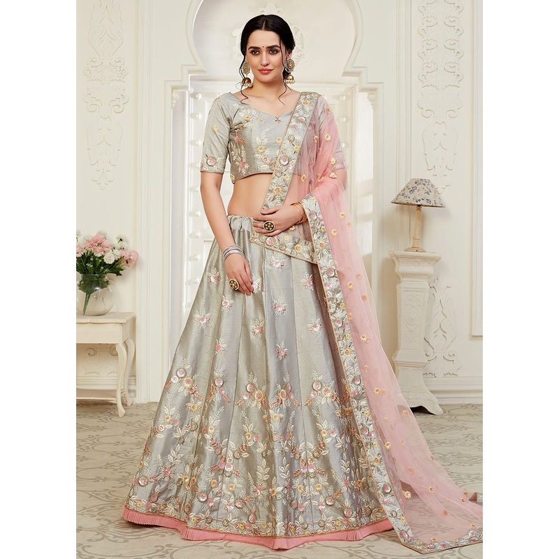 Grey Frilled Embroidered Art Silk Lehenga Choli
