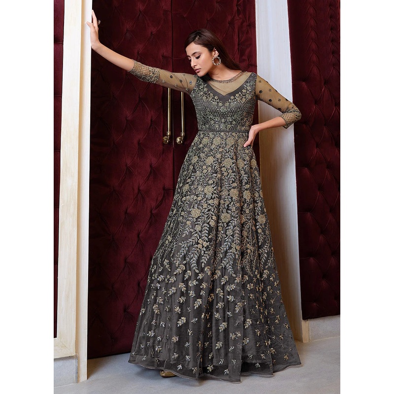 Grey Sequins Embroidered Floor Length Anarkali Suit