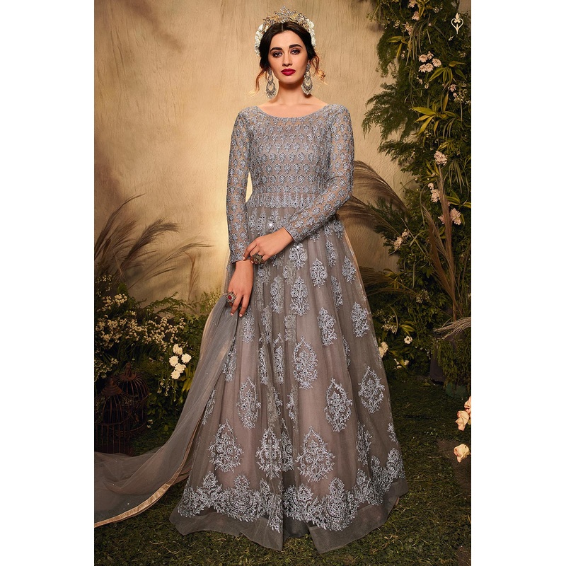 Grey Sequins Embroidered Net Anarkali Suit