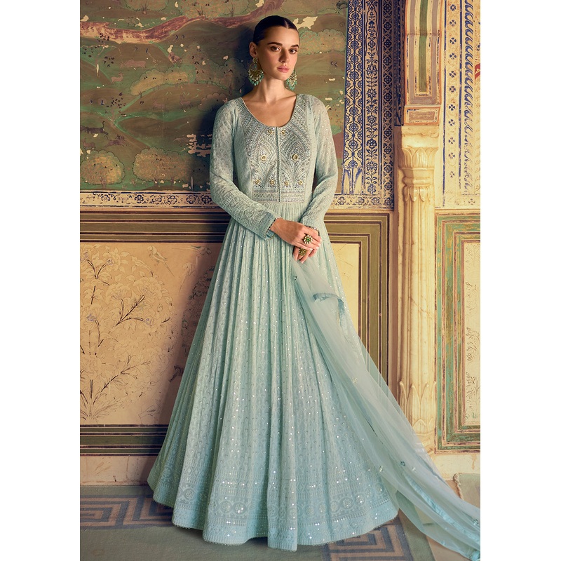 Ice Blue Heavy Chikankari Embroidered Wedding Anarkali Gown