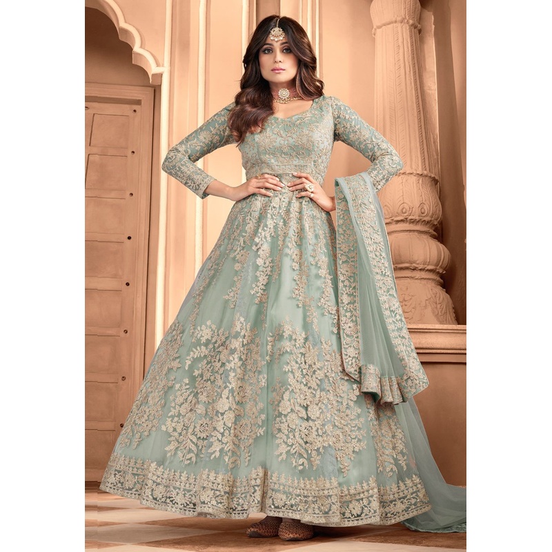 Ice Blue Shamita Shetty Net Floor Length Anarkali Suit