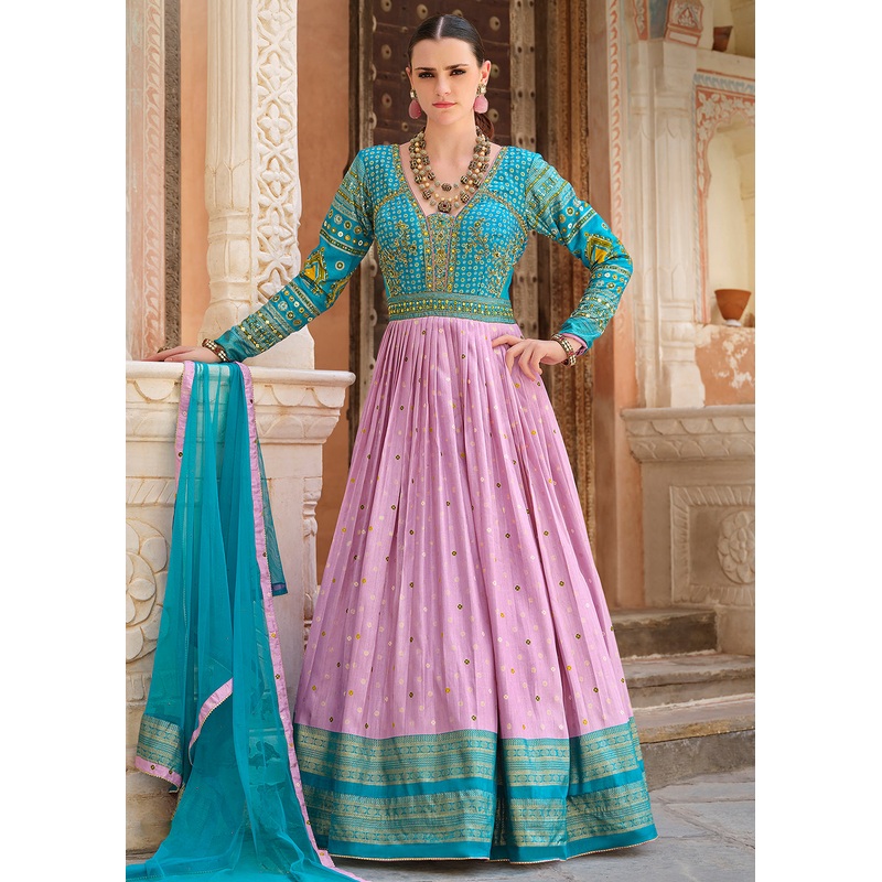 Lilac & Blue Silk Foil Printed & Embroidered Traditional Gown