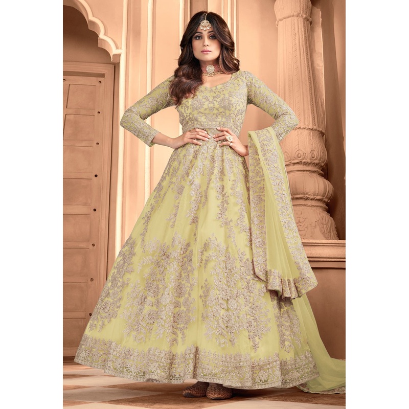 Lime Yellow Shamita Shetty Net Floor Length Anarkali Suit
