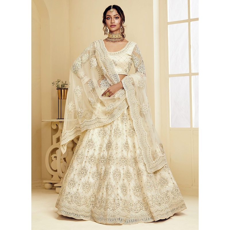 Linen White Pearl Embroidered Wedding Lehenga Choli